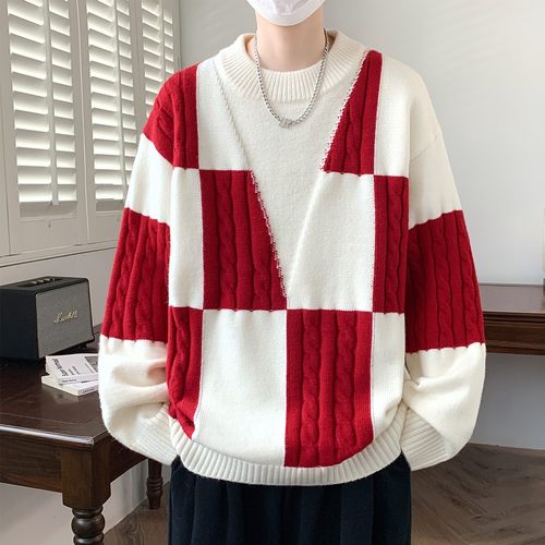 慵懒风拼接撞色毛衣男款秋冬季青少年潮牌内搭打底针织衫保暖线衣