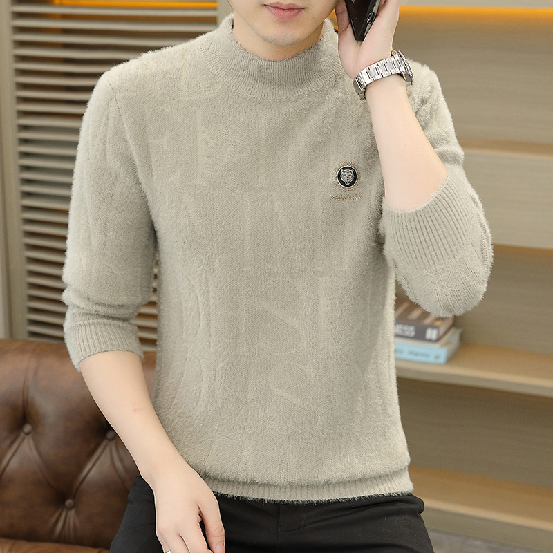2025秋冬新款男士仿貂绒针织衫半高领毛衣男装上衣服加厚款毛线衣