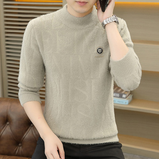 2025秋冬新款男士仿貂绒针织衫半高领毛衣男装上衣服加厚款毛线衣