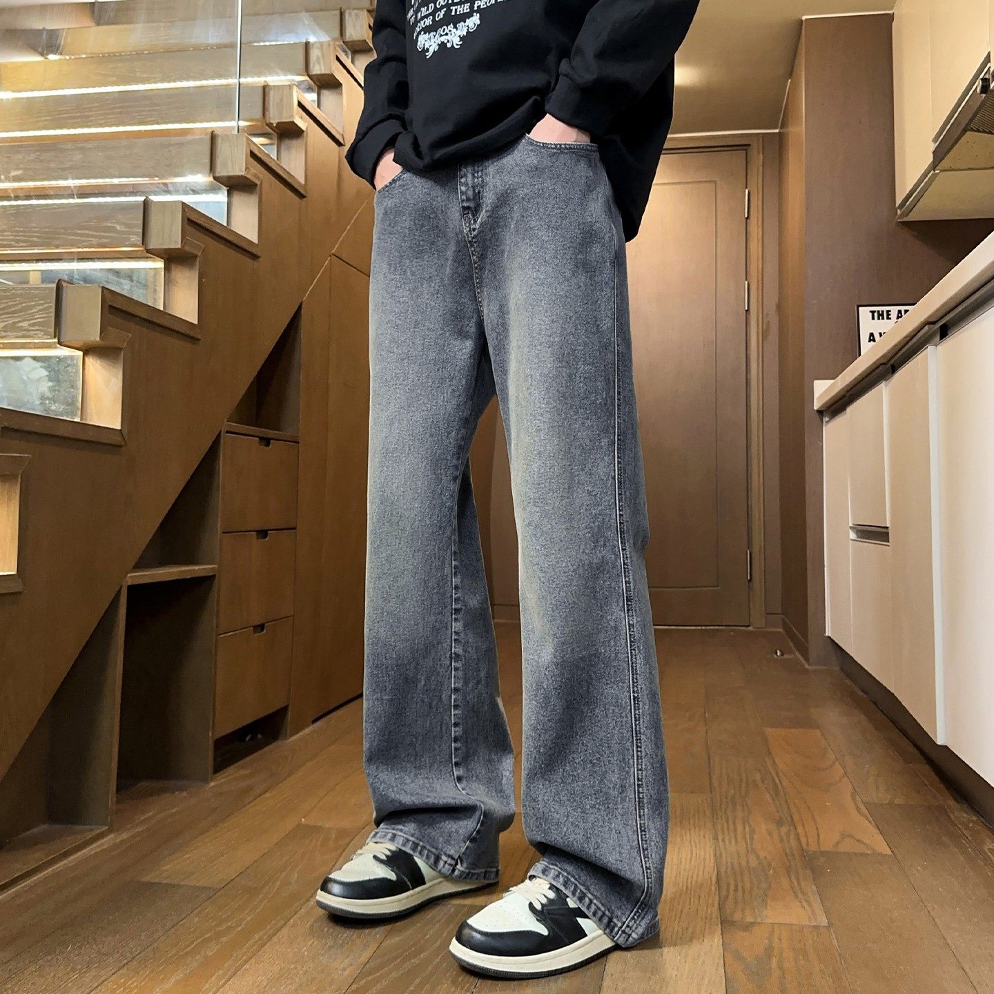 微喇牛仔裤男秋冬季美式风加绒保暖休闲长裤男复古水洗宽松直筒裤