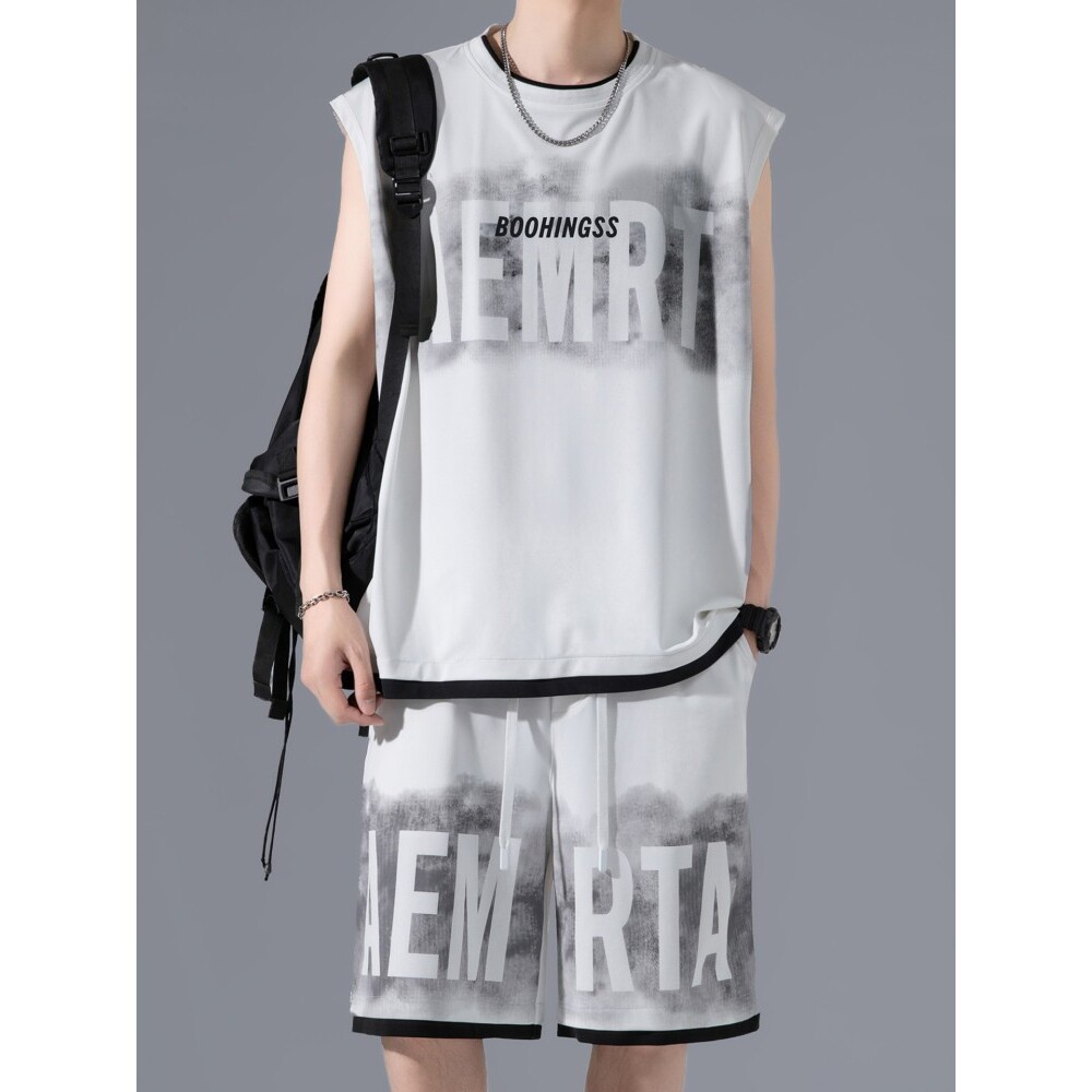 冰丝扎染潮牌男士休闲运动套装无袖T恤背心2026新款夏季短袖一套