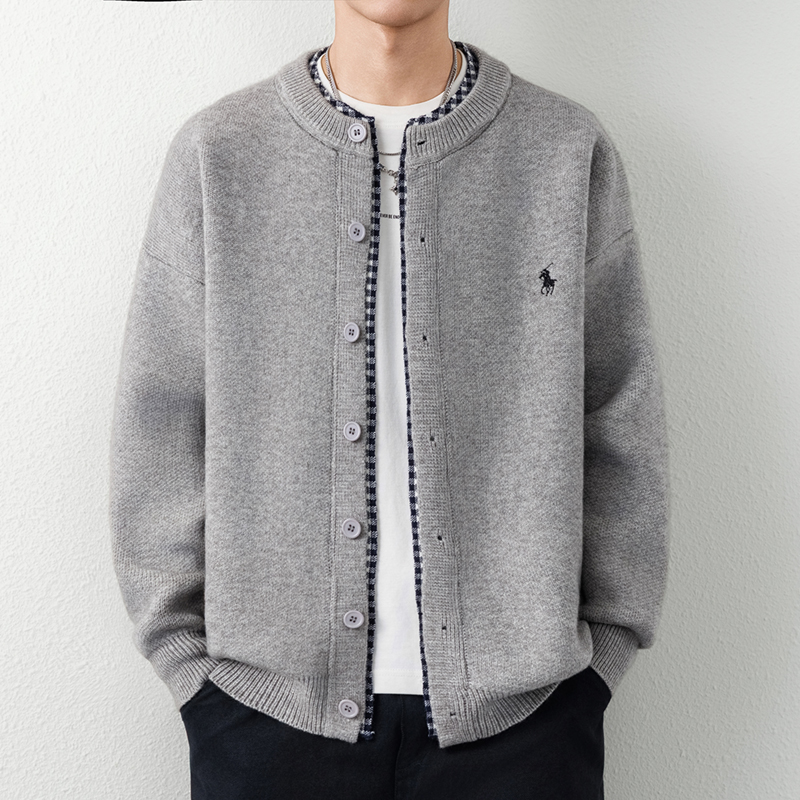 高级感假两件针织衫外套男春秋季潮牌刺绣简约休闲棒球领毛衣开衫