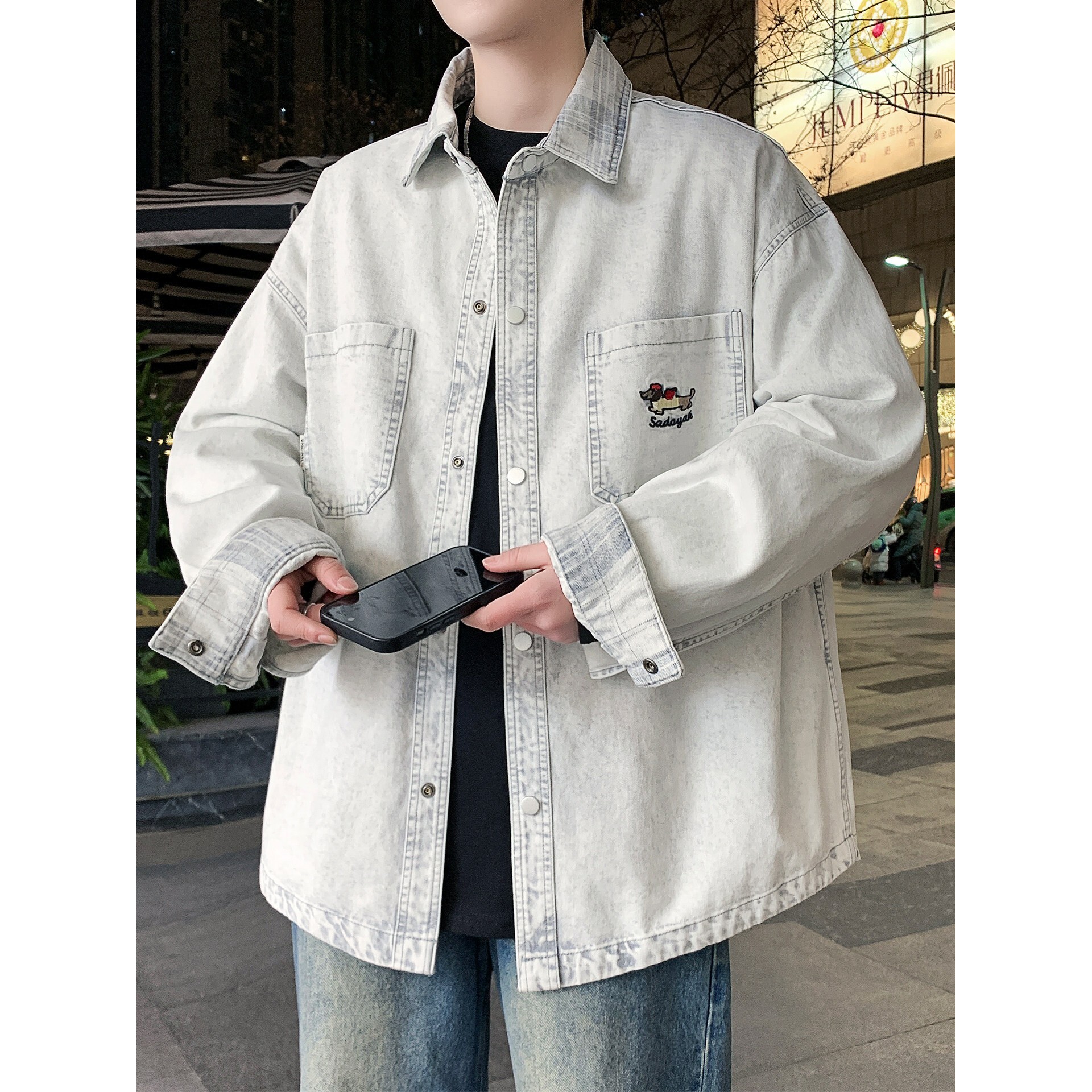 牛仔外套男春秋季新款衬衫式工装夹克男翻领宽松潮流百搭春装上衣