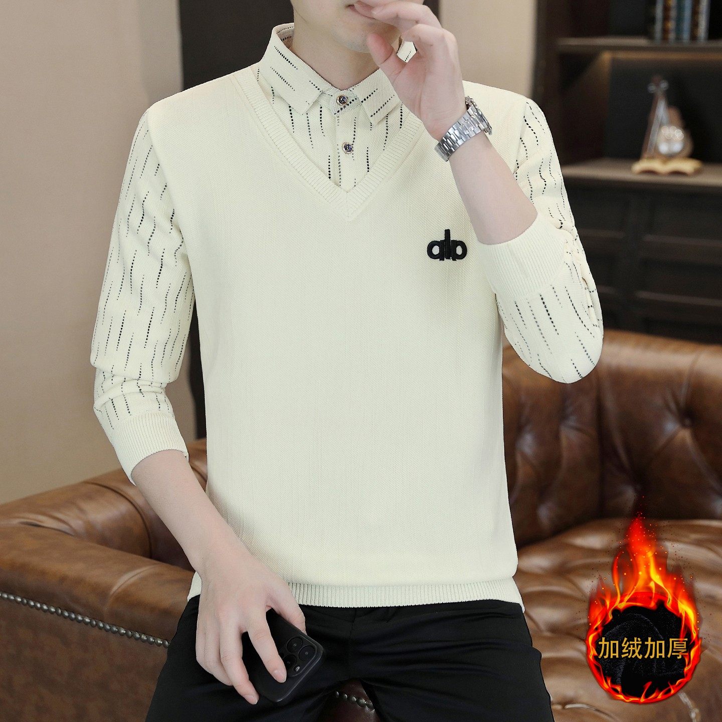 一体绒衬衫领毛衣男冬季加绒加厚韩版修身帅气翻领假两件打底衫男