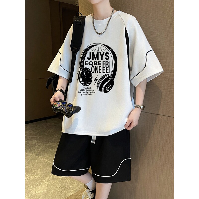 夏季休闲运动短裤套装男初中高中学生青少年大童冰丝速干短袖t恤