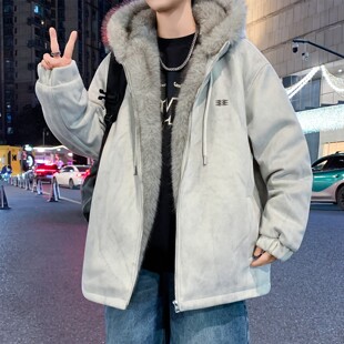 座山雕加绒加厚外套男冬季痞帅毛绒连帽夹克男款青少年保暖派克服