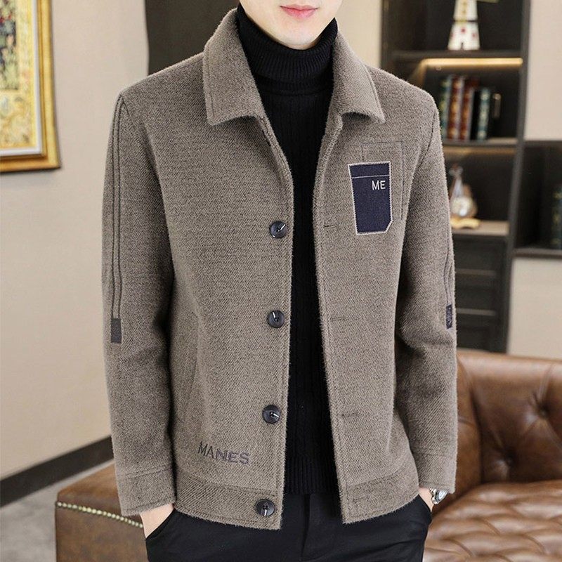 秋冬季毛呢夹克男加绒加厚男士修身风衣潮流休闲翻领加棉保暖外套