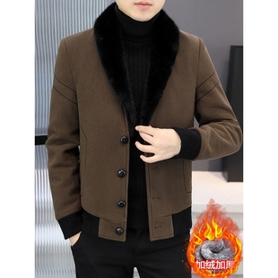 高级感冬季加厚呢子大衣男帅气短款毛呢夹克时尚毛领加绒加厚外套