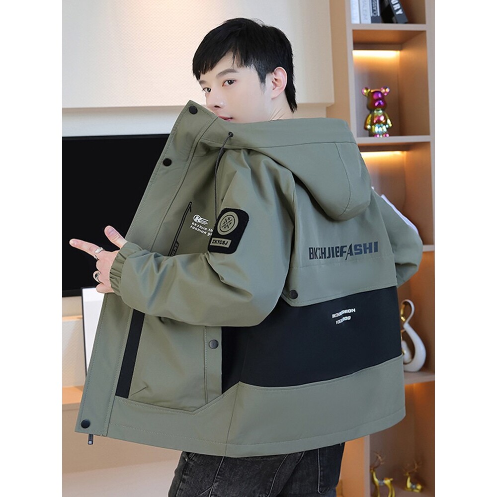 外套男秋冬季加棉加厚工装连帽夹克青少年休闲运动保暖冬装上衣服