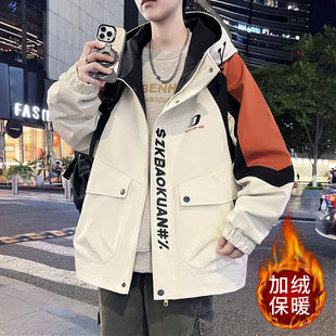 秋冬季青少年外套男2025新款高中生初中学生潮牌大童加绒工装夹克