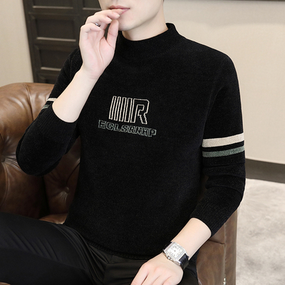 男士毛衣半高领秋冬季加绒加厚款针织打底衫中领保暖内搭潮流线衣