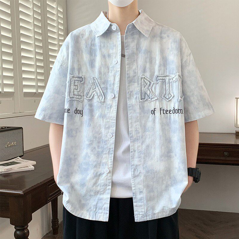 渐变短袖衬衫男士帅气刺绣2026新款青少年学生夏季纯棉牛仔衬衣服