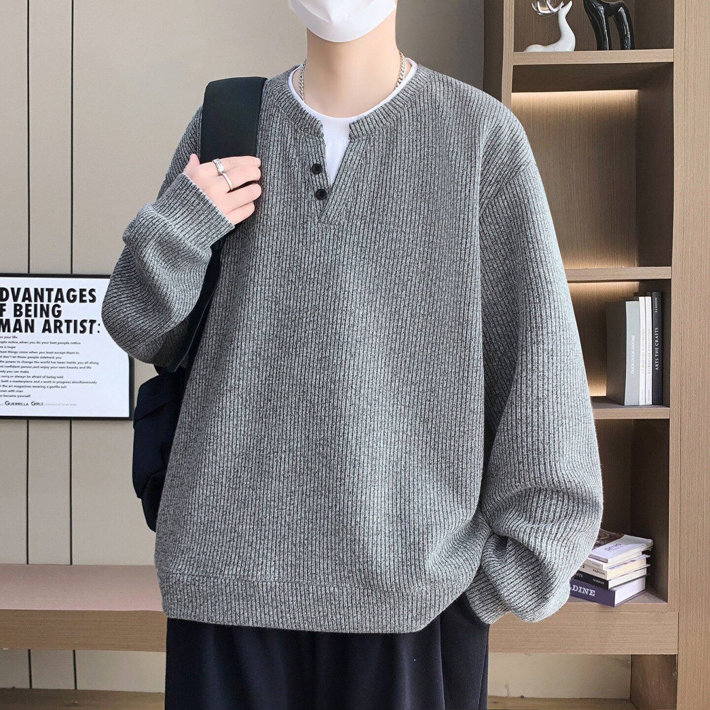 假两件卫衣男士潮牌纯色长袖T恤2026新款t打底衫青少年宽松上衣服