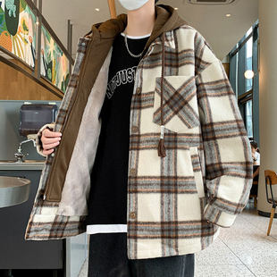 格子外套男冬季加绒加厚潮牌假两件夹克男连帽冬天保暖棉服派克服
