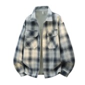 休闲外套男宽松百搭长袖 美式 衬衣服 新款 复古格纹截短夹克男春秋季