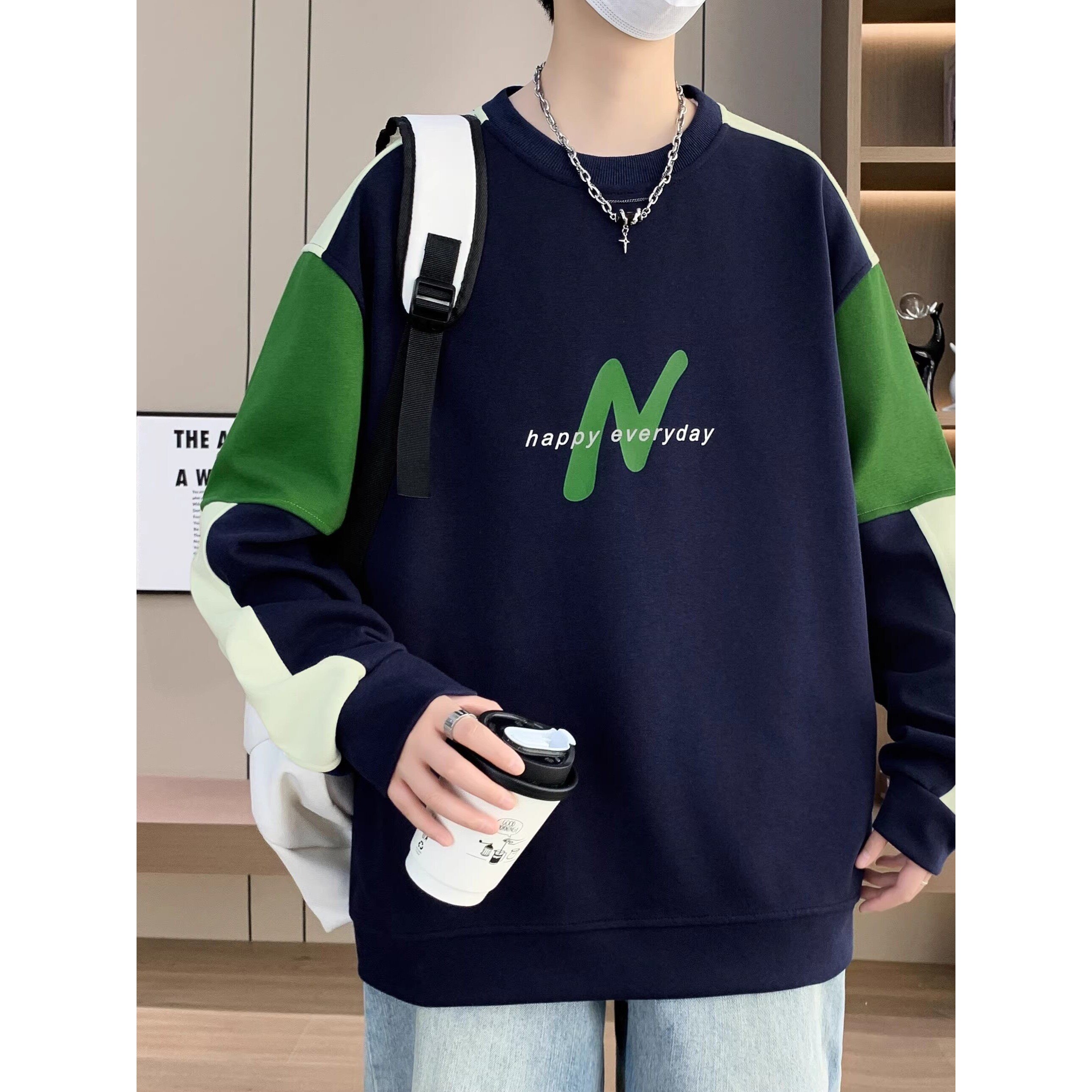 春秋款圆领卫衣男孩初中高中学生长袖t恤青少年大童春装帅气上衣