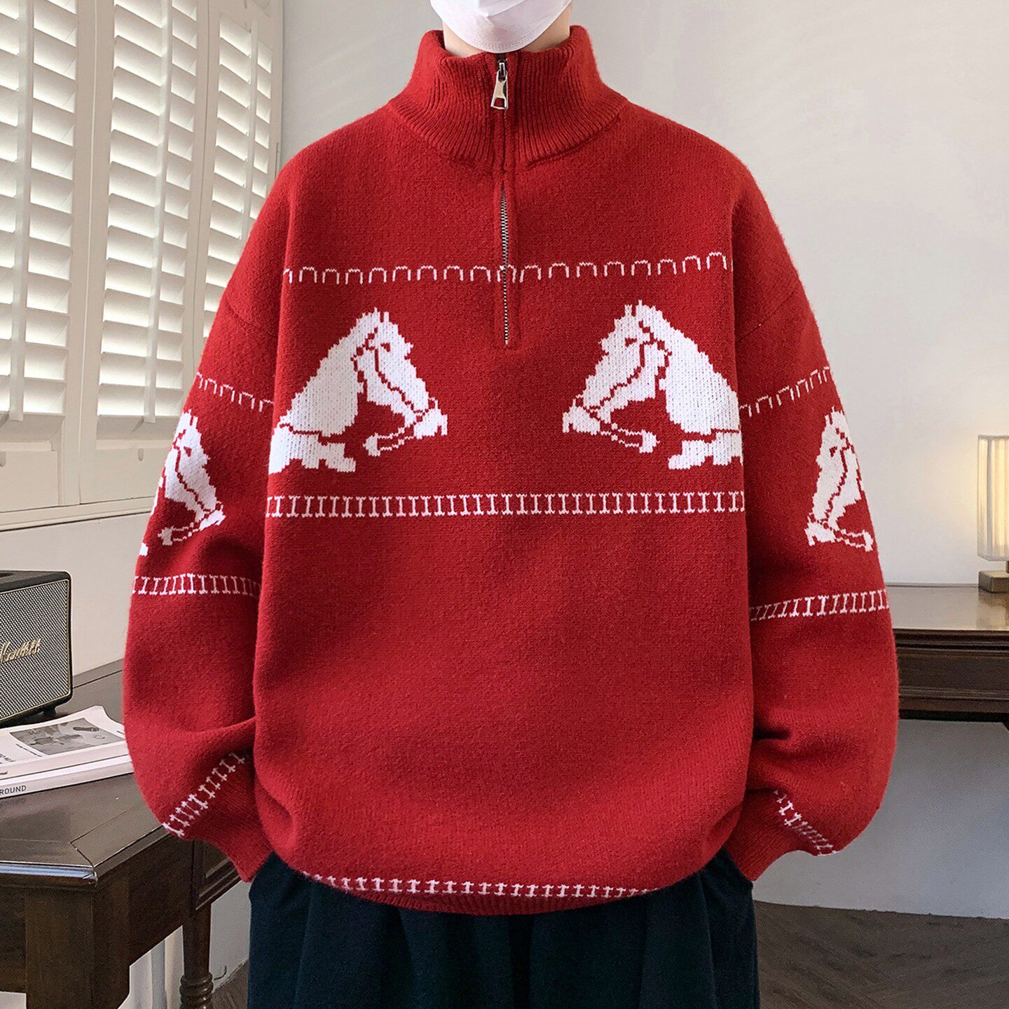 毛衣男马年红色秋冬季半拉链高领针织衫男款加厚保暖本命年套头衫