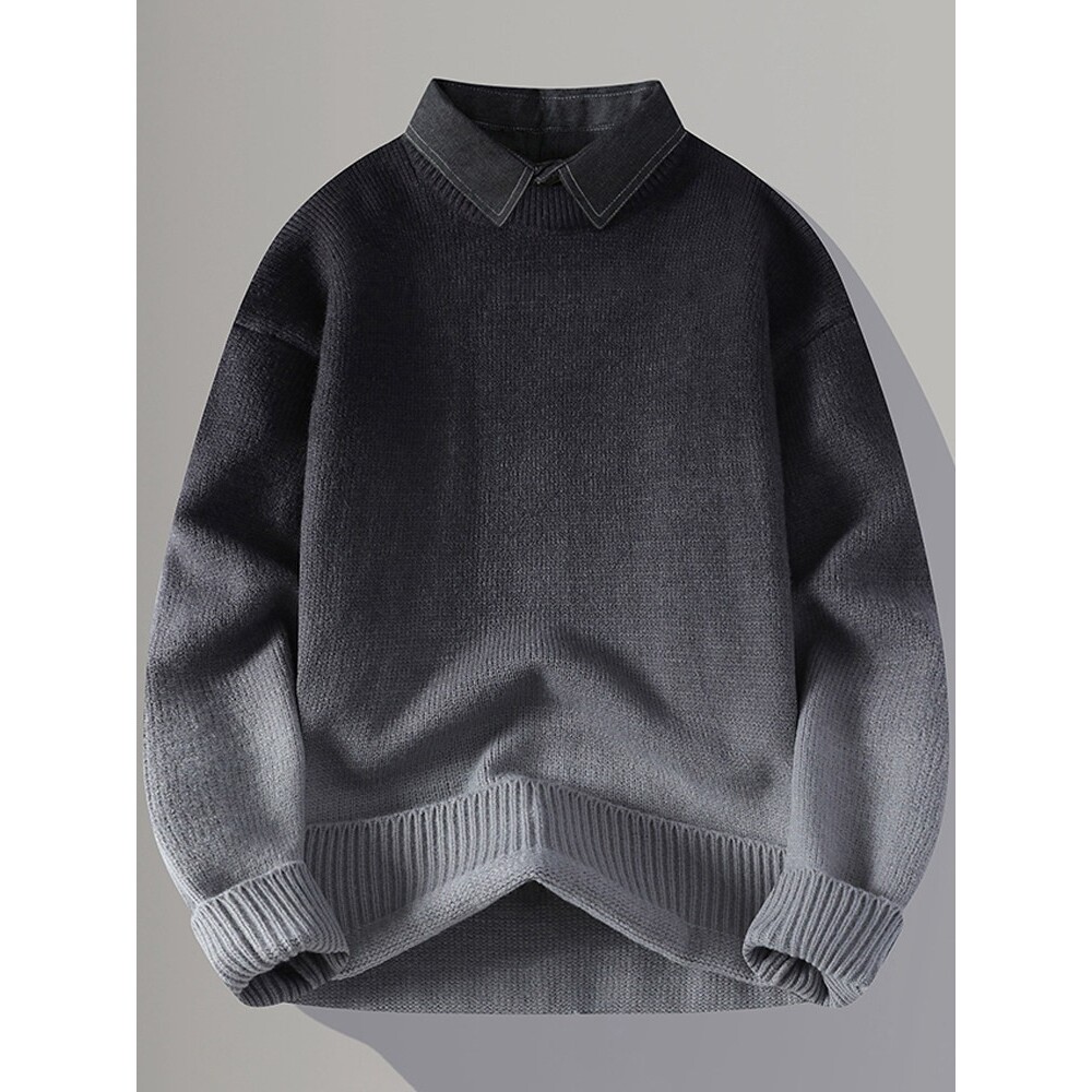 高级感假两件针织衫男2024新款渐变衬衫领毛衣男冬天保暖内搭线衣