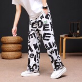 冰丝裤 中国风宽松直筒阔腿裤 子男士 潮流字母印花休闲长裤 薄款 夏季