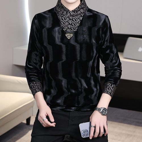 欧货加绒卫衣男时尚潮牌半高领打底衫修身金丝绒假两件长袖T恤衫