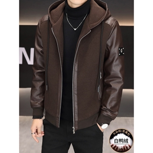 高级感拼皮羽绒服男款冬季2025新款潮牌青年休闲加厚保暖连帽外套