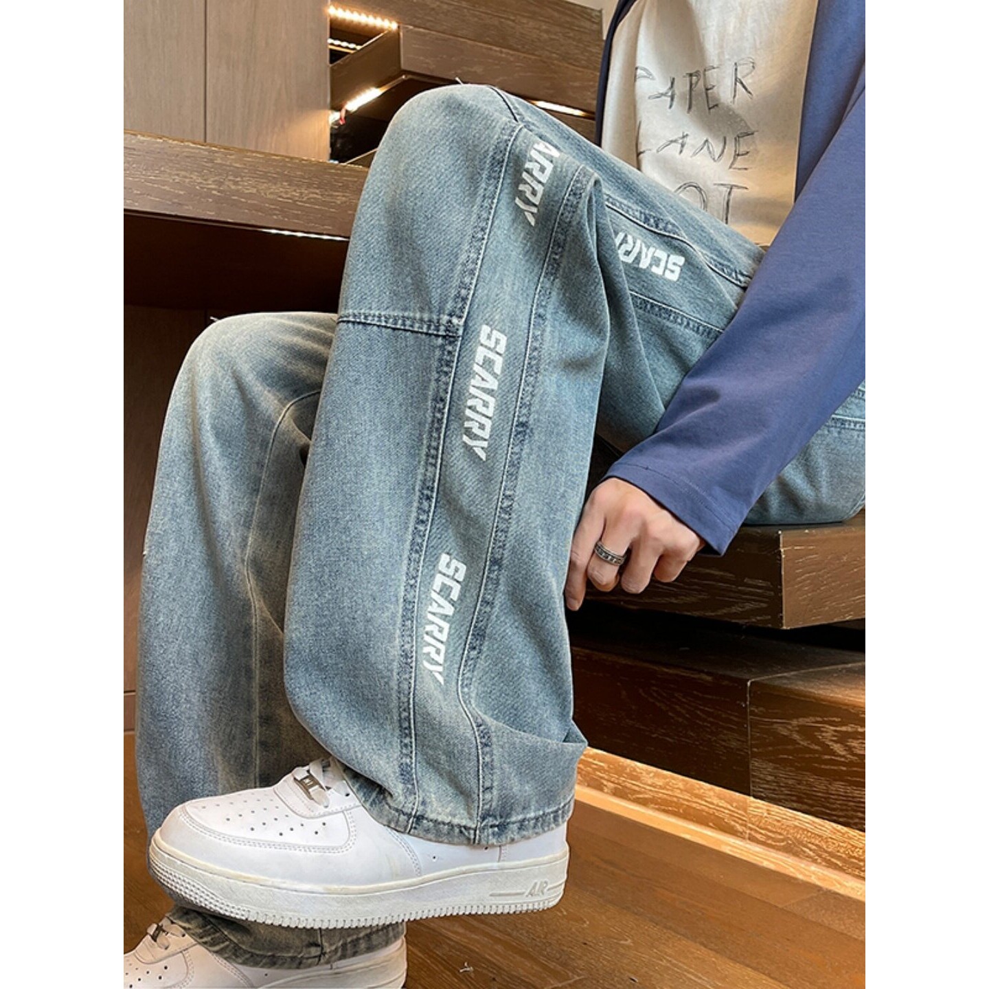 青少年春秋季牛仔裤男初中高中学生宽松直筒裤帅气大童阔腿长裤子