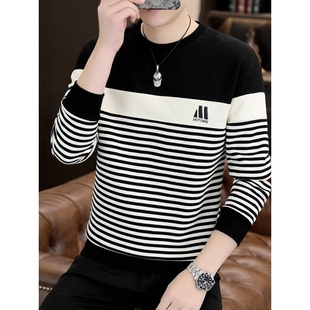 条纹卫衣男士春秋季痞帅潮流刺绣打底衫百搭男装上衣圆领长袖t恤