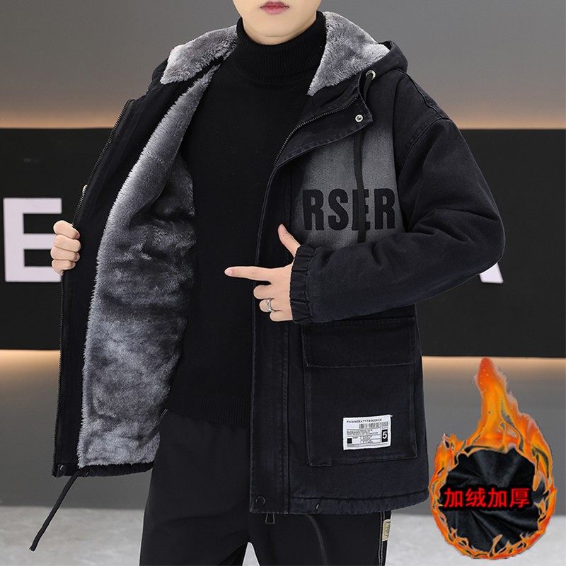 中长款棉衣外套男秋冬季加绒加厚夹克青少年休闲连帽牛仔上衣棉服