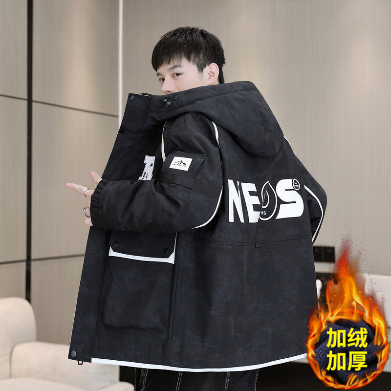 秋冬季加绒加厚派克服男款棉服初中高中学生棉衣青少年冬装棉袄子