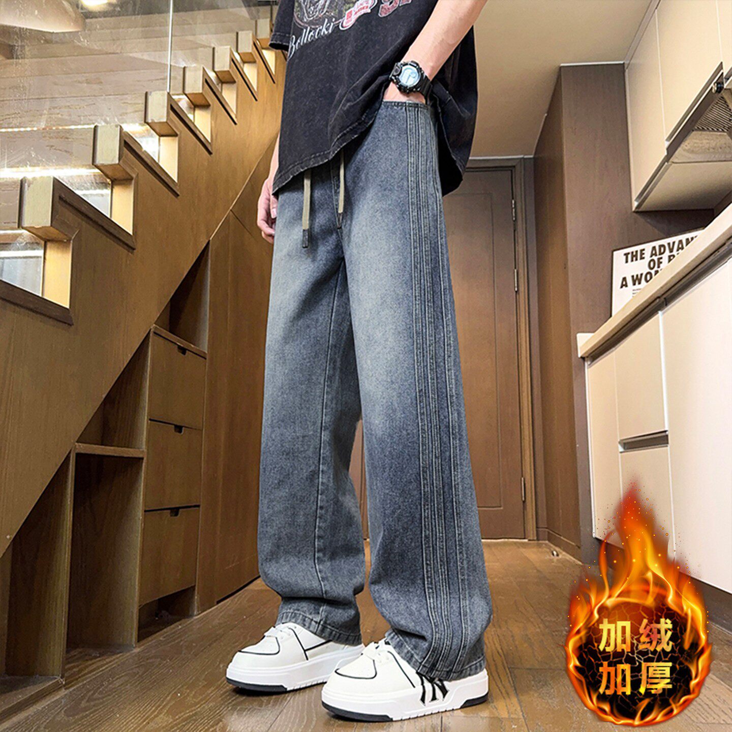 秋冬款青少年牛仔裤子男孩初中高中学生加绒加厚大童直筒休闲长裤