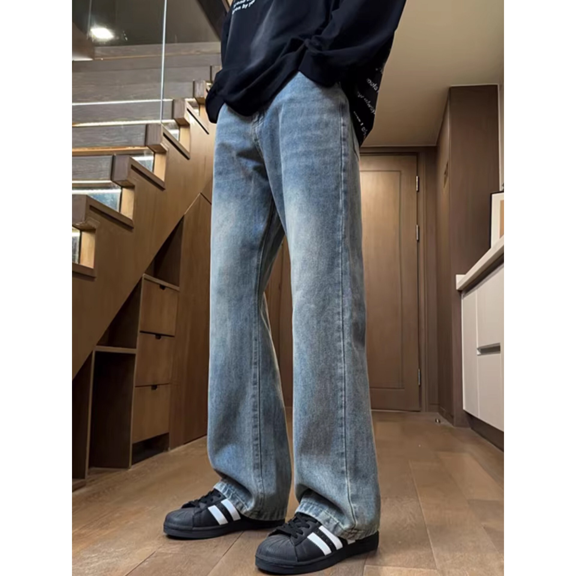 美式风牛仔裤男春秋季宽松直筒裤复古水洗裤子青少年微喇高街长裤