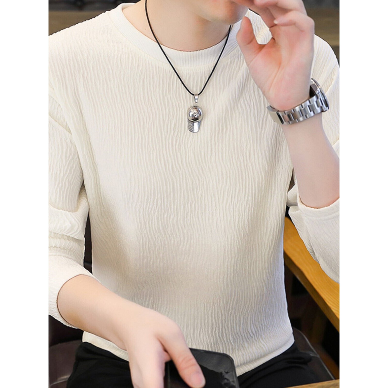 褶皱卫衣男士2026新款春秋季高端休闲长袖T恤潮牌内搭打底衫上衣