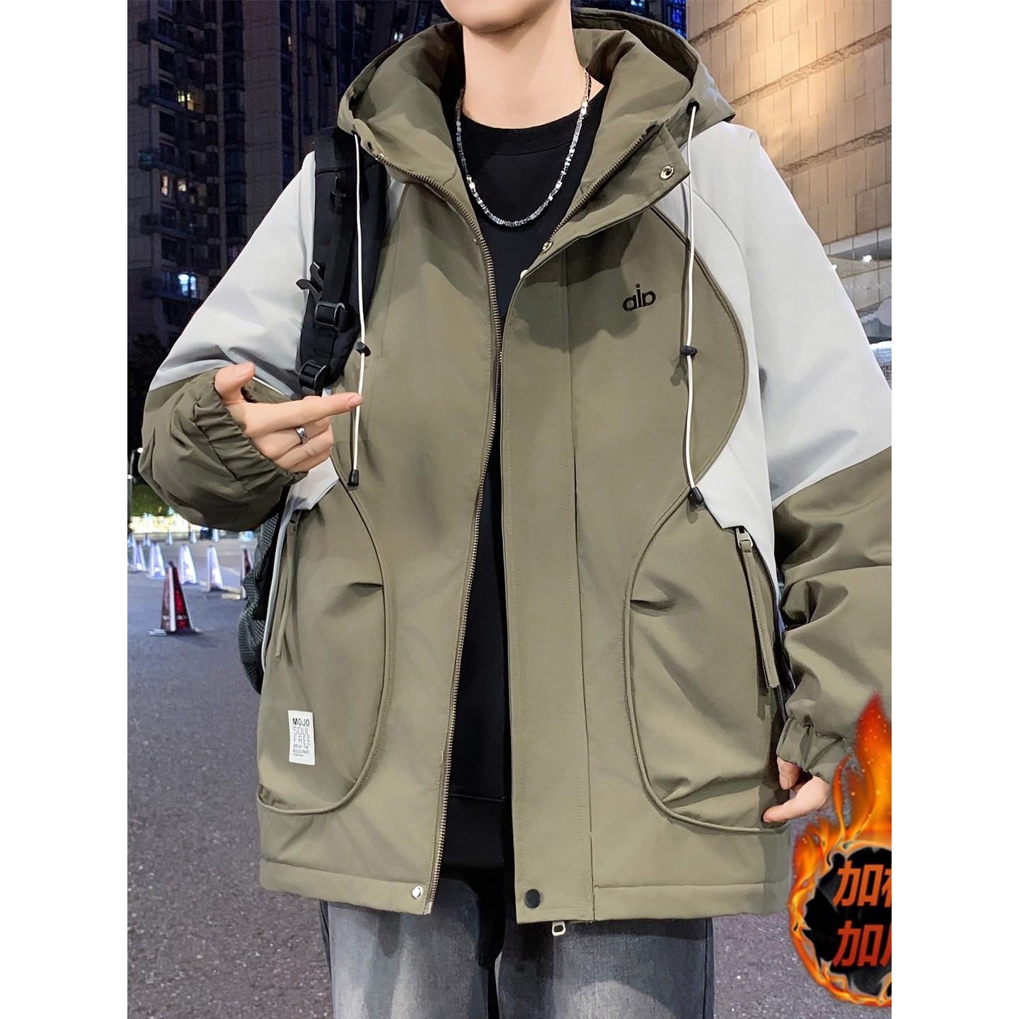 加棉加厚外套男款秋冬季潮牌撞色设计感工装分割青少年夹克二棉衣