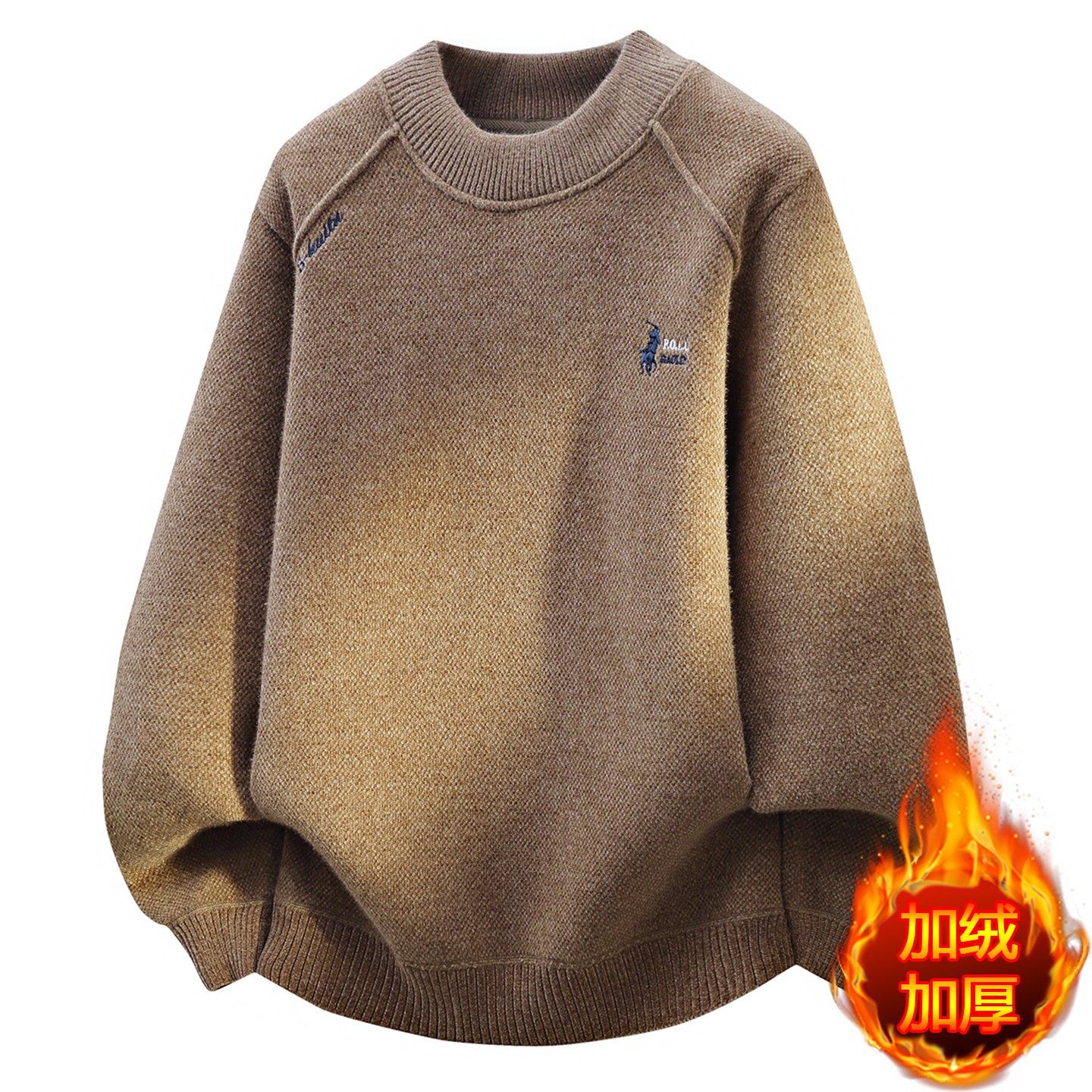 一体绒刺绣圆领毛衣男士加绒加厚冬季保暖上衣冬装男装内搭打底衫