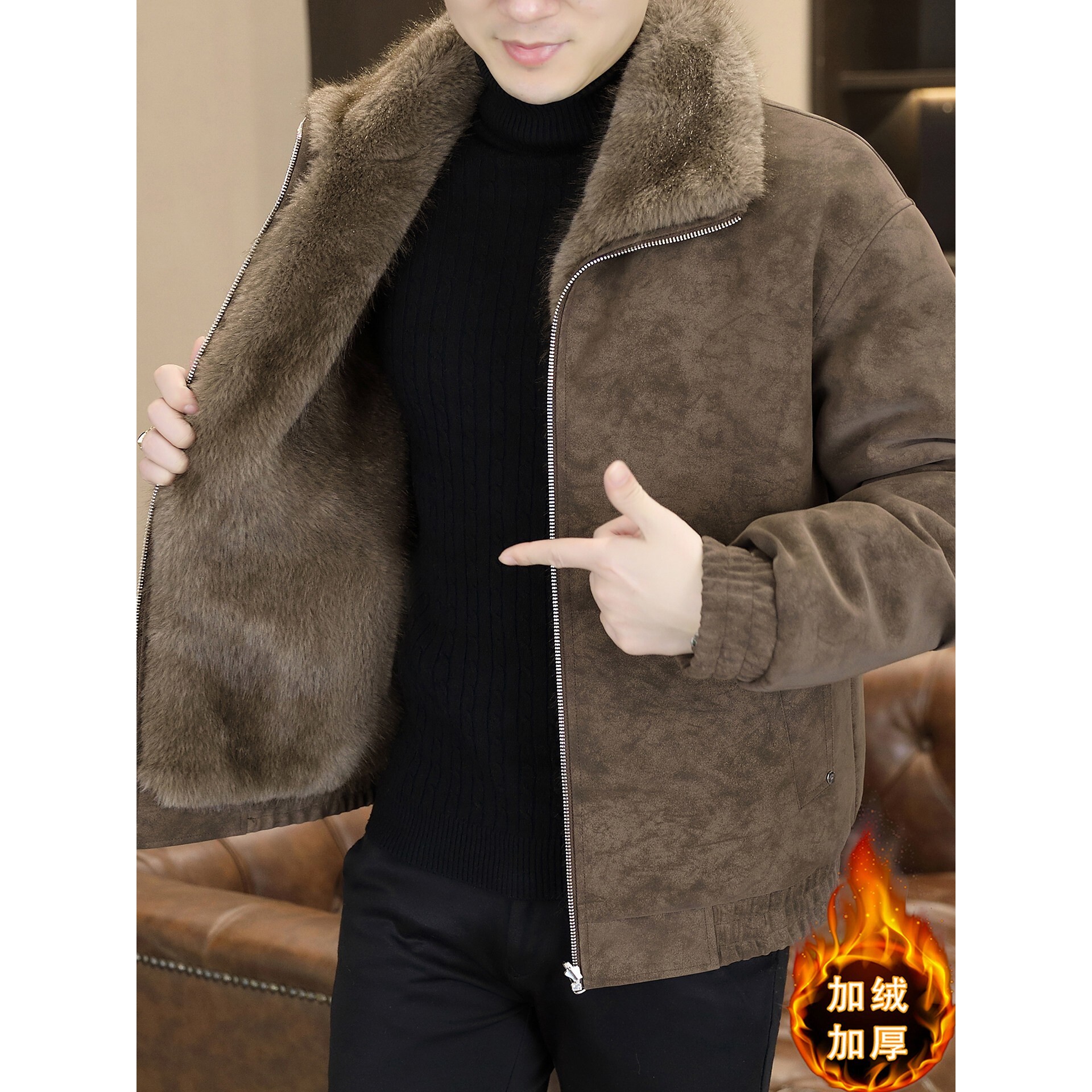 双面穿皮毛一体皮衣男短款加厚保暖夹克冬季新款百搭毛绒时尚外套