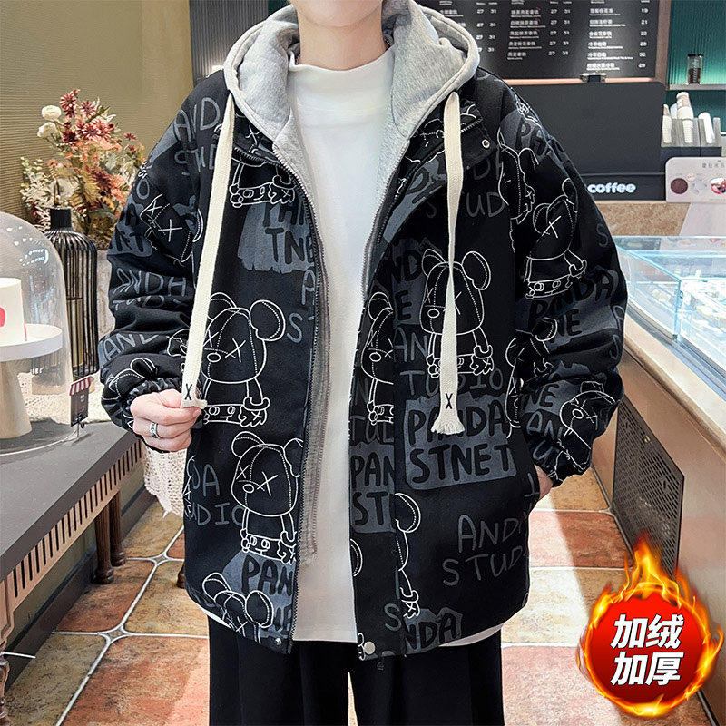 秋冬季青少年加绒加厚学生牛仔夹克韩版印花纯棉防寒派克服外套男