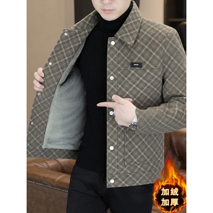 毛呢夹克男秋冬季2025新款加绒加厚格子修身保暖翻领短款外套男装