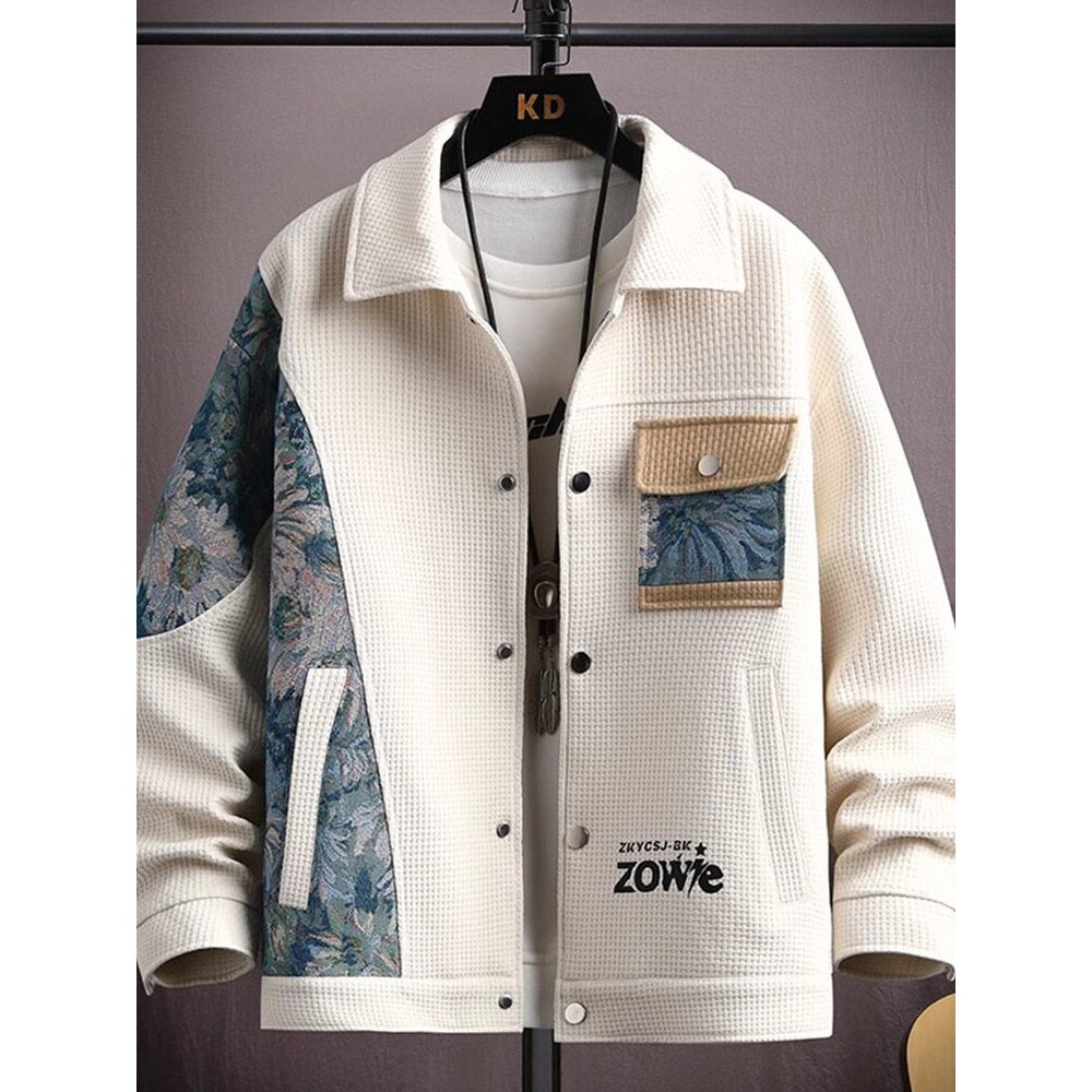 华夫格外套男春秋款拼色民族风翻领休闲夹克男士2026新款春装衣服