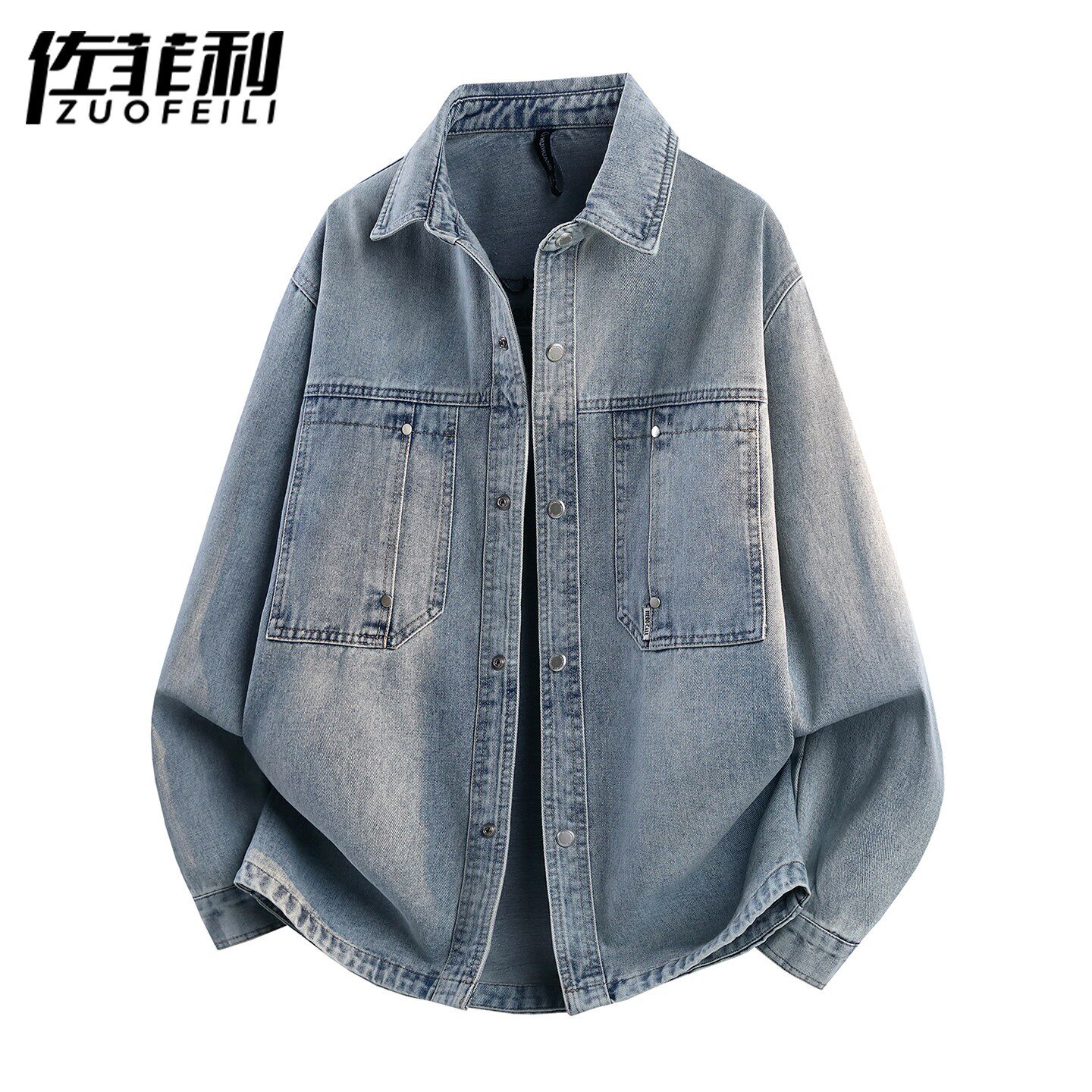 美式风牛仔外套男春秋季新款翻领春装潮流复古衣服字母衬衫式夹克