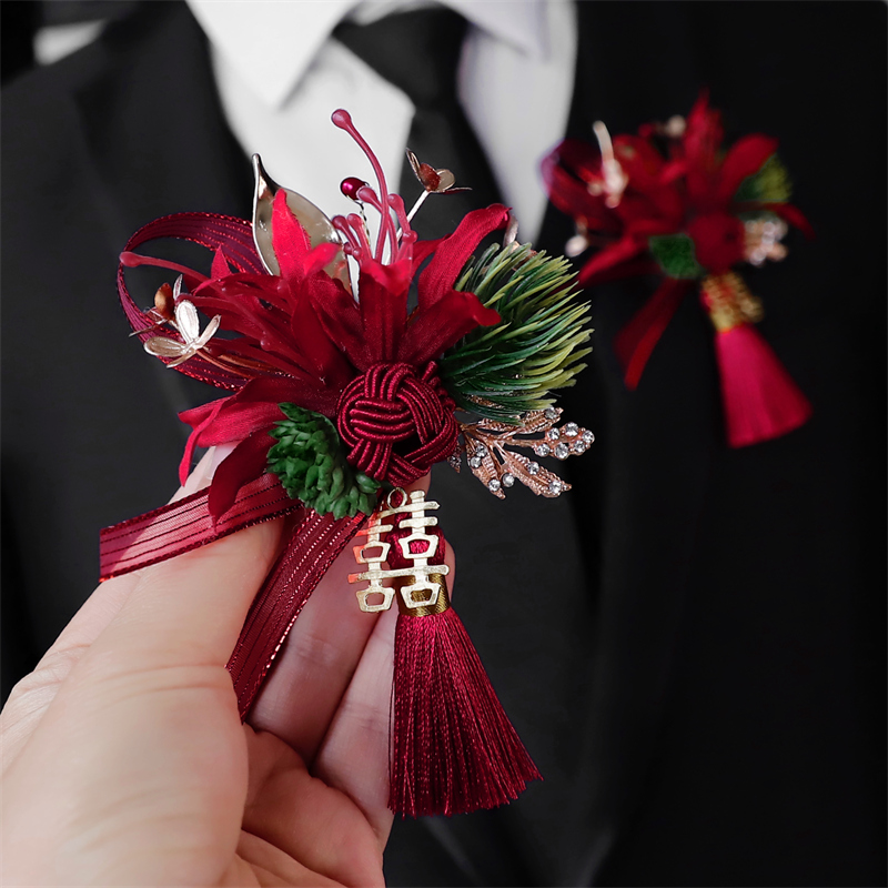 新中式酒红色雅致新娘婚礼胸花