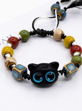 「甜酷小喵」ins小众设计黑色卡通小猫咪编织手链情侣送闺蜜礼物~