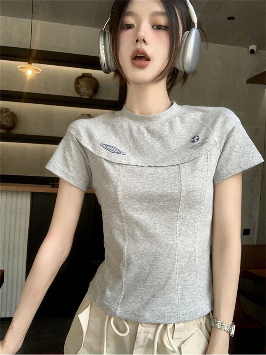 AMERICAN RETRO GRAY RAGLAN SLEEVE T-SHIRT WOMENS SUMMER 2024 NEW DESIGN SENSE FULL-SHOULDER CROPPED HERRINGBONE TOP