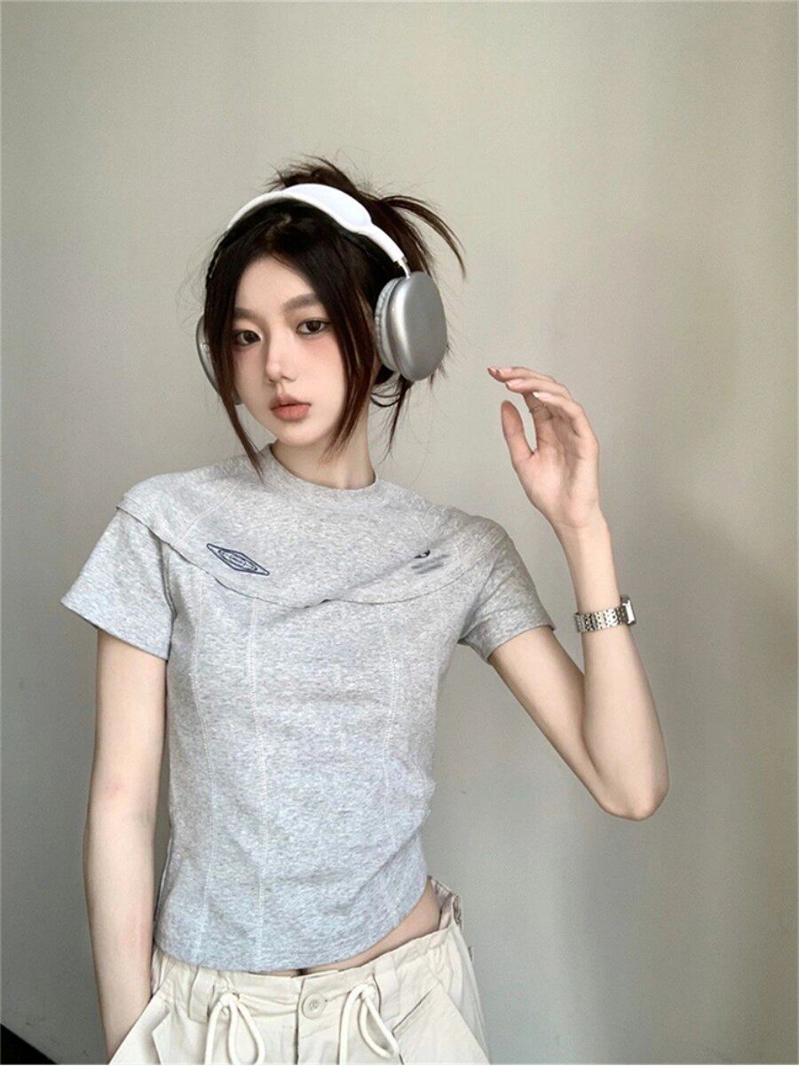 AMERICAN RETRO GRAY RAGLAN SLEEVE T-SHIRT WOMENS SUMMER 2024 NEW DESIGN SENSE FULL-SHOULDER CROPPED HERRINGBONE TOP