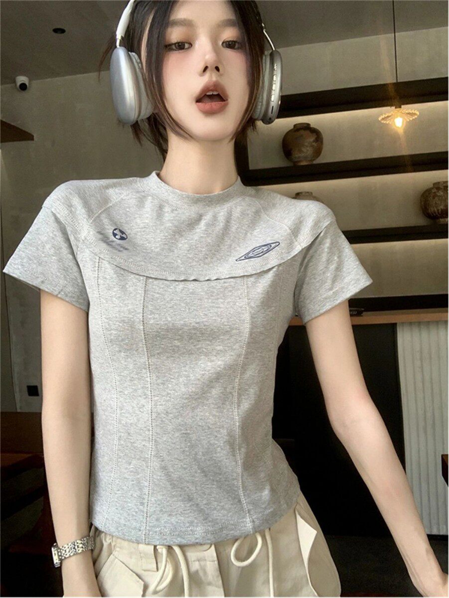 AMERICAN RETRO GRAY RAGLAN SLEEVE T-SHIRT WOMENS SUMMER 2024 NEW DESIGN SENSE FULL-SHOULDER CROPPED HERRINGBONE TOP