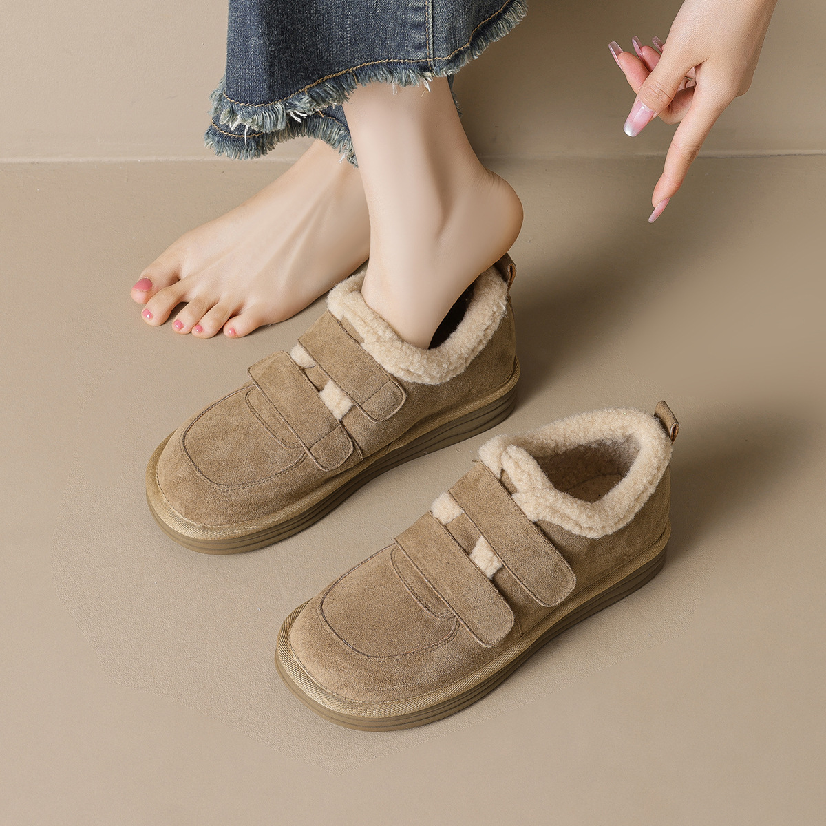 厚底雪地靴女鞋冬季魔术贴加绒勃肯鞋美拉德毛绒2025冬季新款棉鞋