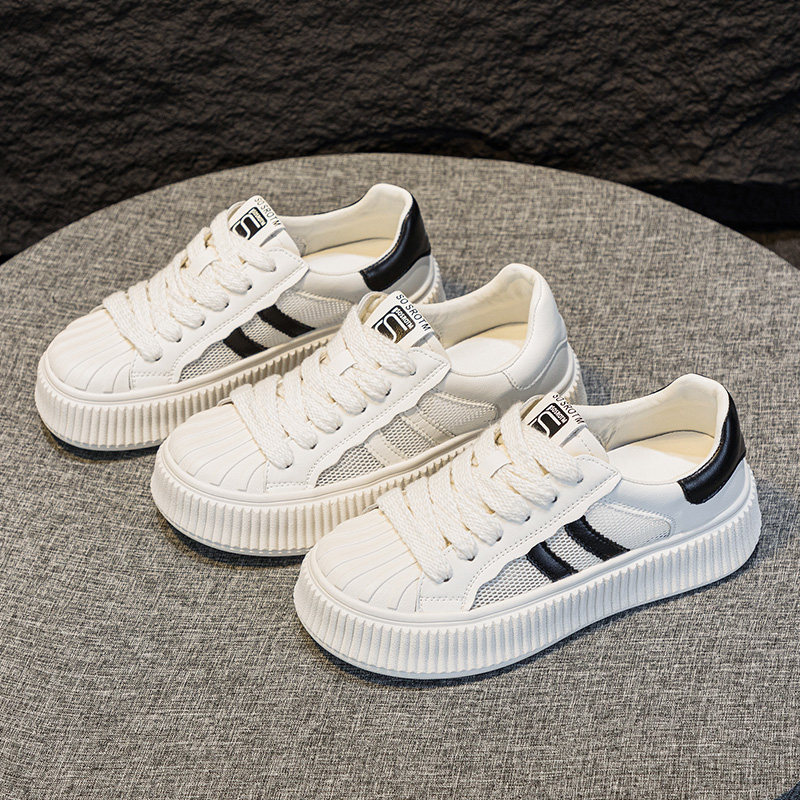 网面贝壳头小白鞋女2026年春夏真皮厚底百搭高帮板鞋浅口大码透气