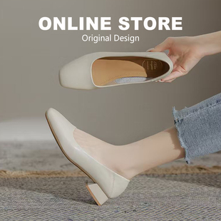 女粗跟2025新款 黑色工作鞋 法式 百搭浅口晚晚鞋 中跟单鞋 真皮奶奶鞋