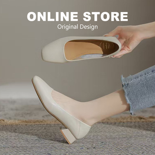 真皮奶奶鞋粗跟单鞋女浅口工作鞋