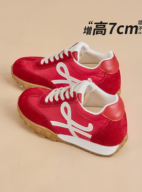7CM内增高红色德训鞋女秋季软底真皮百搭透气休闲运动复古阿甘鞋