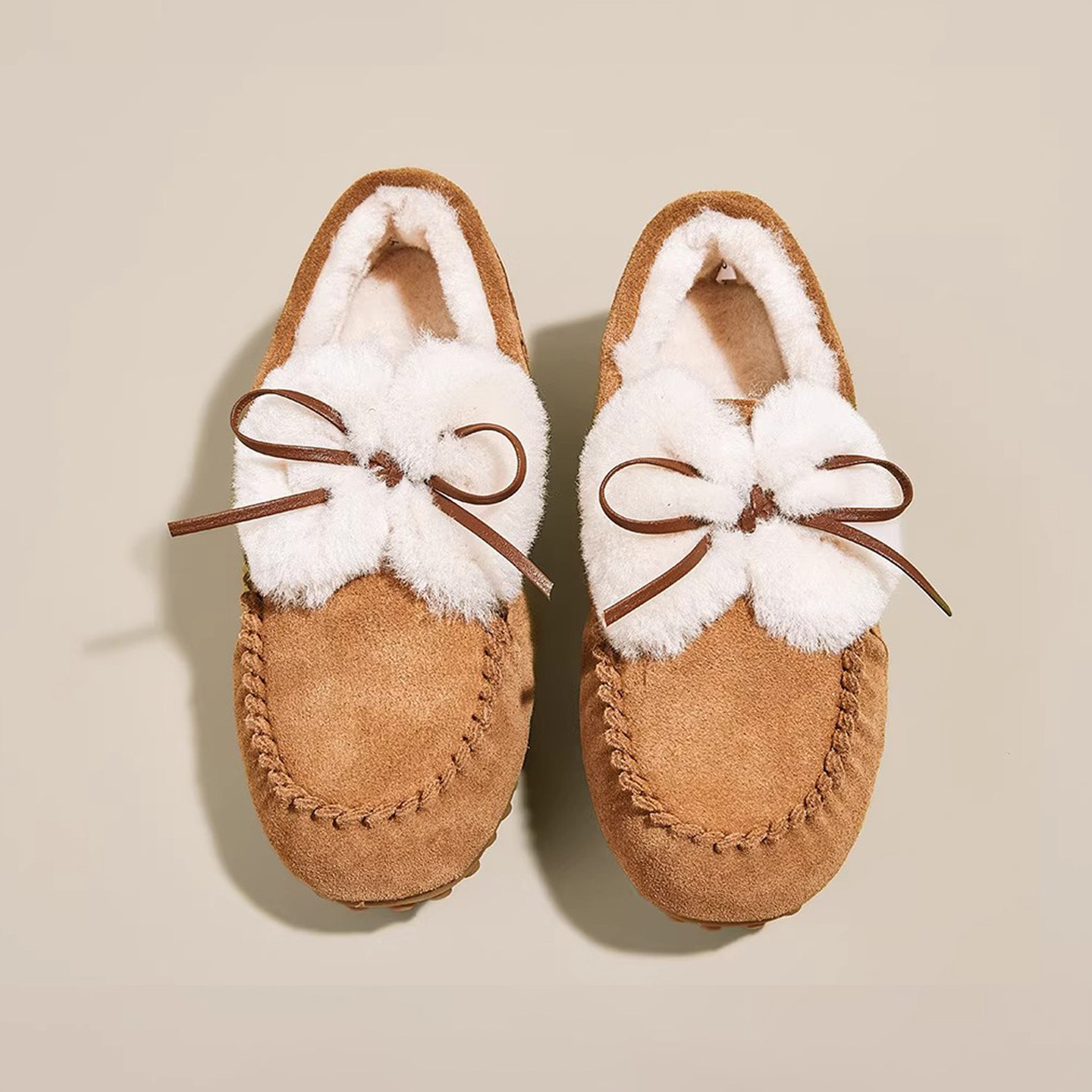 毛绒保暖蝴蝶结勃肯鞋女2025冬季新款百搭休闲软底加绒防滑豆豆鞋